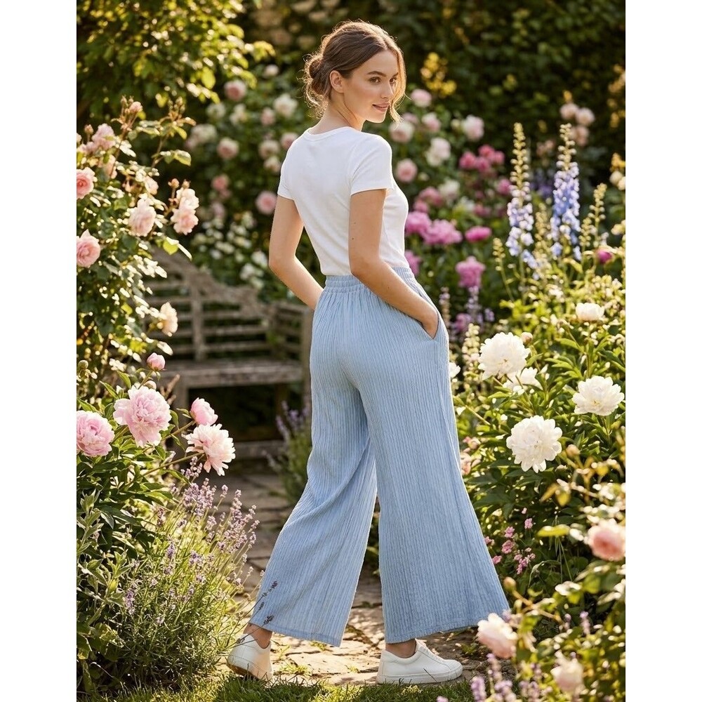 Womens Plisse Wide Leg Pant Perivinkle Blue Crinkle Pleated Palazzo Trousers S/M